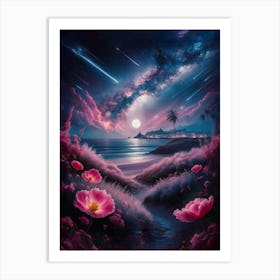 Night Sky With Pink Flowers Art Print