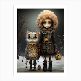 Owl and Girl in the snow Art Print
