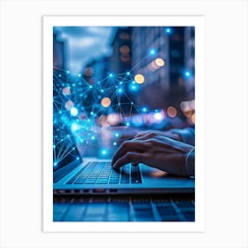 Person Using A Laptop In A City At Night 1 Art Print