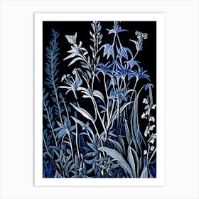 Blue Lobelia Wildflower Linocut Art Print