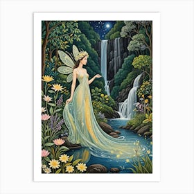 Forest Fairy By The Waterfall Art Print