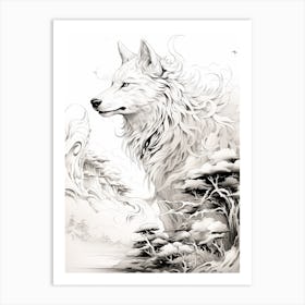 Japanese Wolf Line Drawing 2 Art Print