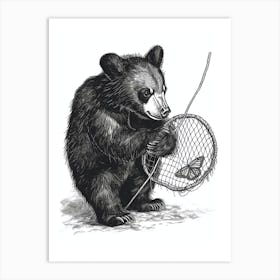 Malayan Sun Bear Cub Playing With A Butterfly Net Ink Illustration 4 Art Print