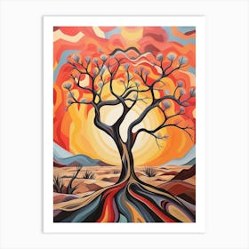 Tree at Sunset in Desert, Abstract Vibrant Painting in Van Gogh Style Art Print