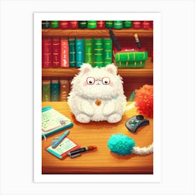 White Cat On A Desk Art Print