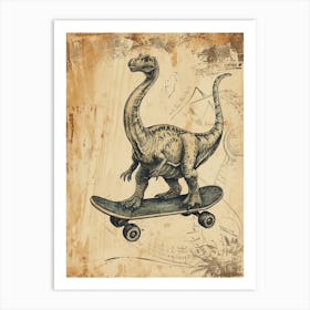 Vintage Brachiosaurus Dinosaur On A Skateboard 2 Art Print