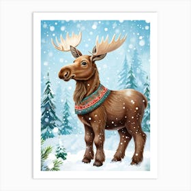 Scandinavian Art Illustration Baby Moose Adorned With Twinkling Ornaments On Its Antlers Standing Art Print