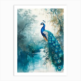 Peacock On A Tree Branch Watercolour 1 Art Print