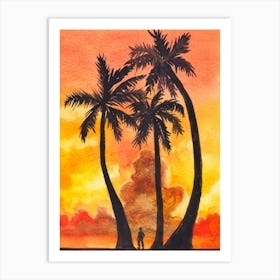 Alone in Sunset With Palm Trees Art Print