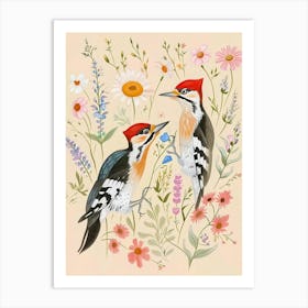 Folksy Floral Animal Drawing Woodpecker Art Print