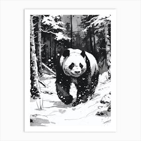 Giant Panda Walking Through A Snow Covered Forest Ink Illustration 1 Art Print