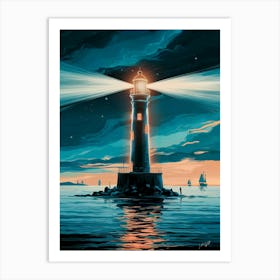 Lighthouse At Night, Anime Art Lofi Art Print