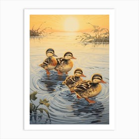 Ducklings In The Water Japanese Woodblock Style 9 Art Print