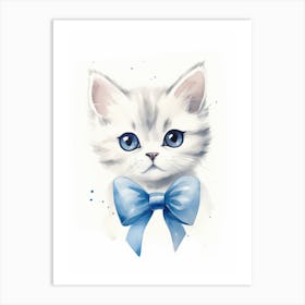 Cute Kitten With Blue Bow watercolor illustration Art Print