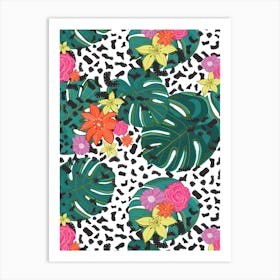 Shining Leopard Detailed Colorful Happy Tropical Flowers Vibrant Pattern Art Print