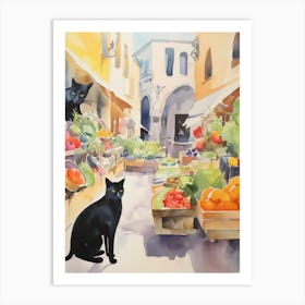 Food Market With Cats In Rome 4 Watercolour Art Print