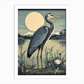 Vintage Bird Linocut Great Blue Heron 1 Art Print