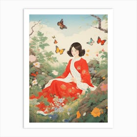 Japanese Style Painting Of Butterflies & Woman In The Meadow Art Print