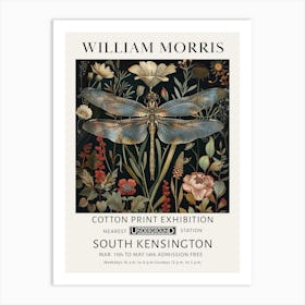 William Morris Vintage Blue Dragonfly Flowers Art Print