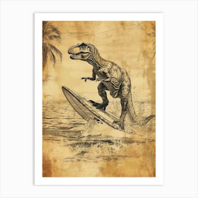 Vintage T Rex Dinosaur On A Surf Board 1 Art Print