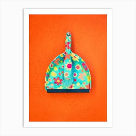 Floral Dustpan & Brush Against Orange Painted Wall Art Print