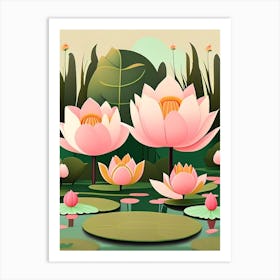 Lotus Flowers In Park Scandi Cartoon 6 Art Print