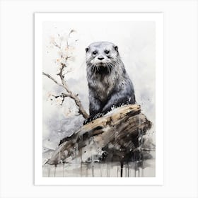 Otter, Japanese Brush Painting, Ukiyo E, Minimal 4 Art Print
