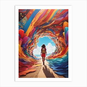 Girl Walking Through A Colorful Tunnel Art Print