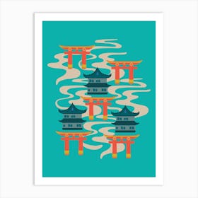 EDO Graphic Japanese Castles and Oriental Japan Torii Gates with Flowing River in Bright Turquoise Orange Teal Yellow Art Print