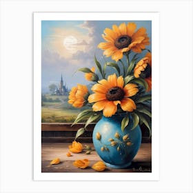 Sunflowers In A Blue Vase Art Print