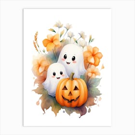 Cute Ghost With Pumpkins Halloween Watercolour 100 Art Print