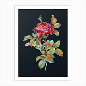 Vintage Red Gallic Rose Botanical Watercolor Illustration on Dark Teal Blue n.0673 Art Print