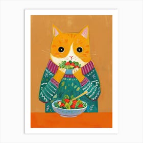 Cute Orange Eating Salad Folk Illustration 4 Art Print