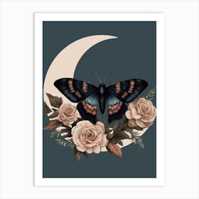 Butterfly And Roses on a Crescent Moon Art Print