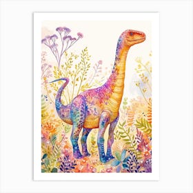 Pastel Rainbow Diplodocus Dinosaur In The Plants Art Print