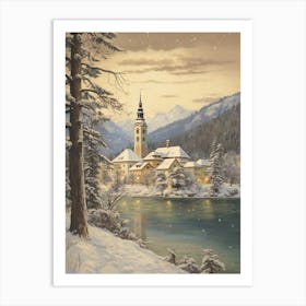 Vintage Winter Illustration Lake Bled Slovenia 1 Art Print