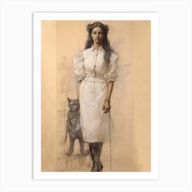 Woman And Cat Study Art Print