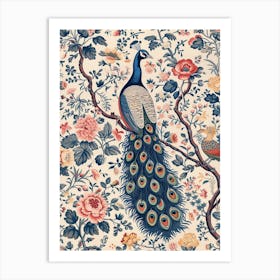 Cream & Blue Peacock Wallpaper Vintage Art Print