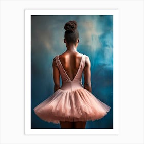 Ballerina With A Pink Dress Posing In Front Of Dark Blue Wall Art Print