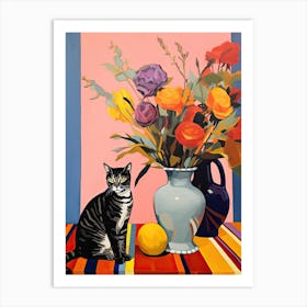 Bluebell Flower Vase And A Cat, A Painting In The Style Of Matisse 2 Art Print