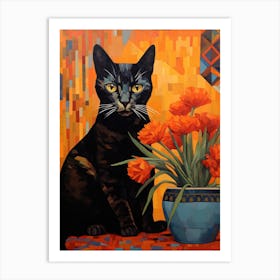 Black Cat With Orange Flowers Art Print