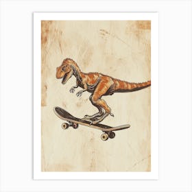 Vintage Utahraptor Dinosaur On A Skateboard 2 Art Print