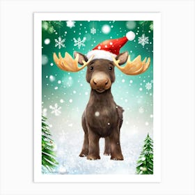 Baby Moose Surrounded By A Flurry Of Snowflakes With A Vibrant Red And Green Santa Hat Perched Ato Art Print