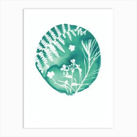 Sea Green Ferns And Flowers Circle Art Print