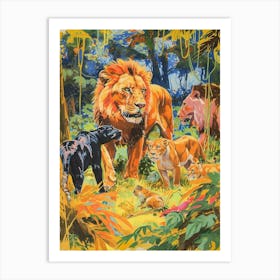 Asiatic Lion Interaction With Other Wildlife Fauvist Painting 1 Art Print
