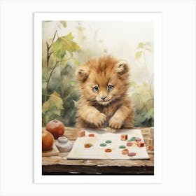 Playing Games Watercolour Lion Art Painting 3 Art Print