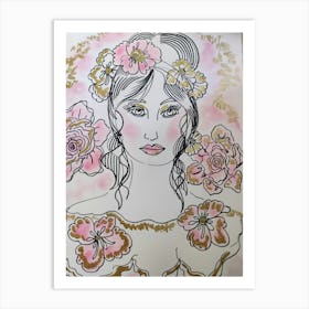 Girl with roses pink and gold Art Print