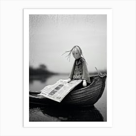 Sad Faced Stick Doll Seated On A Newspaper Crafted Boat Monochromatic Palette Overcast Sky Envelop Art Print