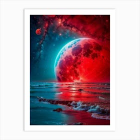 Red moon illuminates a sea — a celestial ballet between the quiet ocean and the vast expanse of the night sky, where stars shimmer in the cosmic dance. Art Print