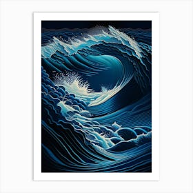 Rushing Water In Deep Blue Sea Water Waterscape Retro Illustration 1 Art Print